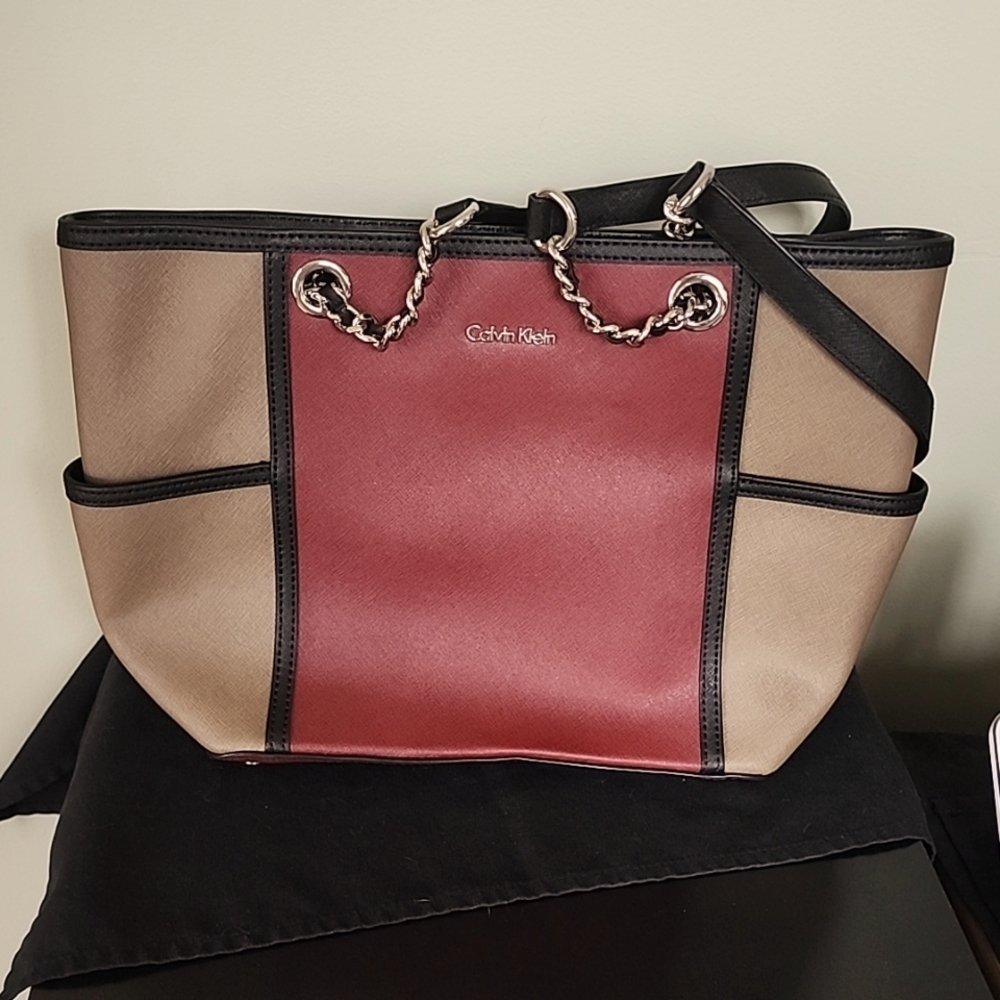 Calvin Klein Saffiano Leather Burgundy and Taupe Shoulder Bag/Tote